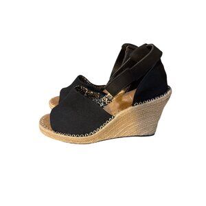 Toms Womens Black Canvas Espadrille Wedge Sandals Size 9 With Ankle Strap Closur